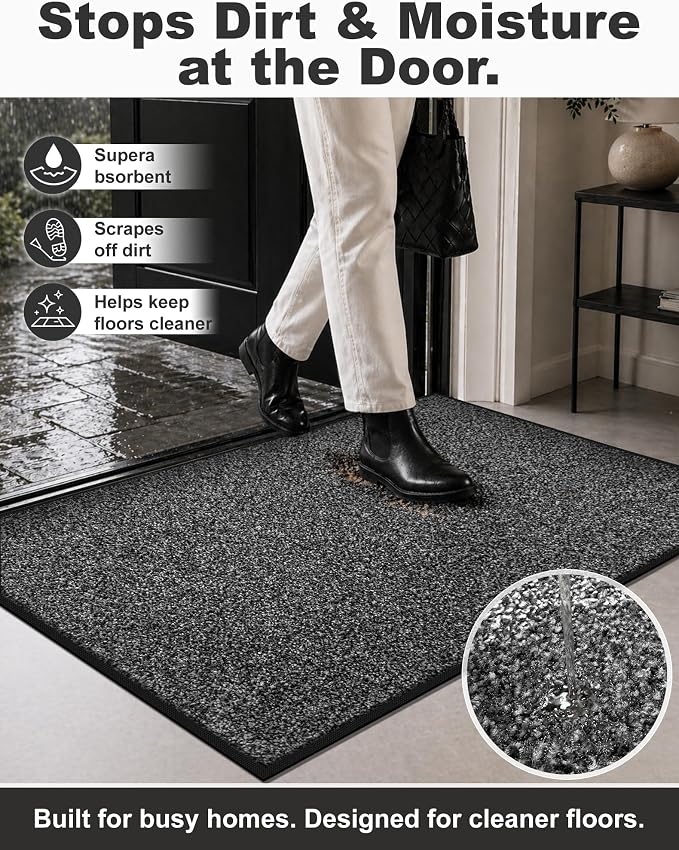 Mibao Front Door Mat Indoor Entrance, 32" x 20", Dirt Trapper Welcome Mat for Outdoor Indoor, Non-Slip Waterproof Doormat, Durable Machine Washable Low Profile Entry Rug for Back Door Outside,Grey