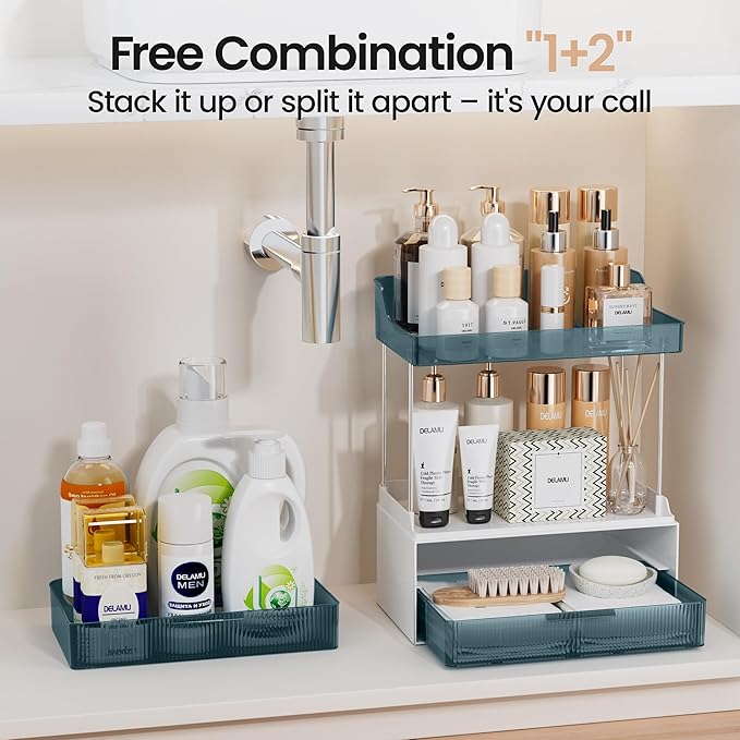 Delamu Bathroom Organizers and Storage, 2 Tier 2 Drawer Makeup Organizer Countertop, Easy to Install, Ideal for Bathroom Counter, Vanity, Blue