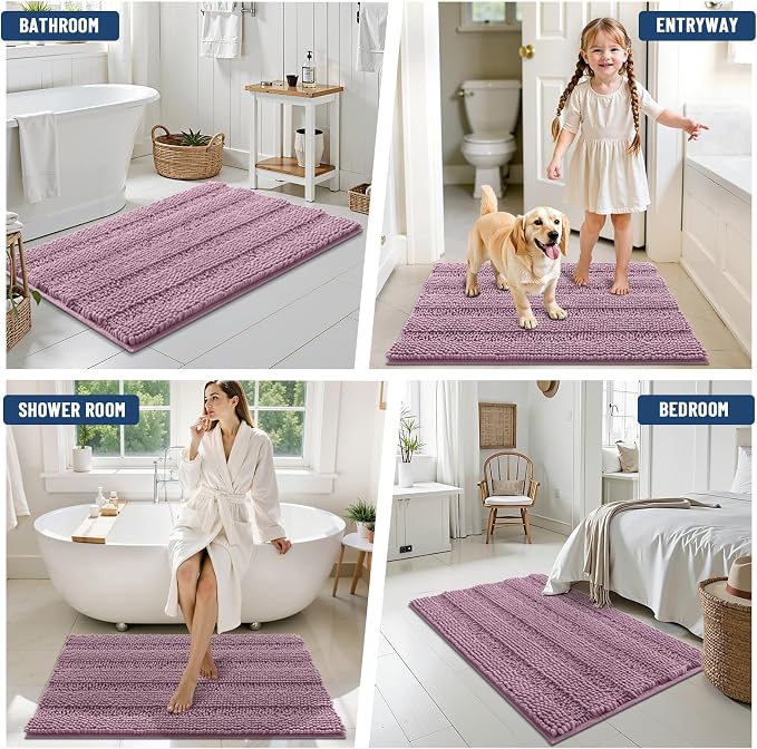 Grandaily Chenille Striped Bathroom Rugs 44x24, Extra Thick and Soft Absorbent Bath Mats, Rubber Backing, Plush Shaggy Shower Carpet, Machine Wash Dry, Bath Rug for Bathroom, Deep Plum