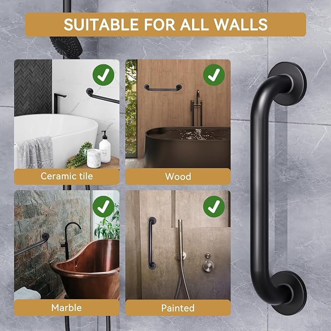 AmazerBath Shower Grab Bars for Seniors Anti Slip, Bath Safety Grab Bar for Needy, Stainless Steel Bathroom Safety Grab Bars, Thickened Bar Bigger Base Holds 500LBS, 16" L x 1.25" D, Black
