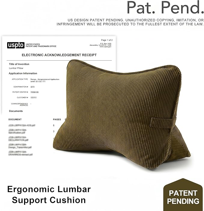 Pat. Pend. Corduroy Triangle Back Pillow with Lumbar Support, Sitting Support Cushion for Bed or Sofa, Relaxing Backrest Pillow, Martini Olive
