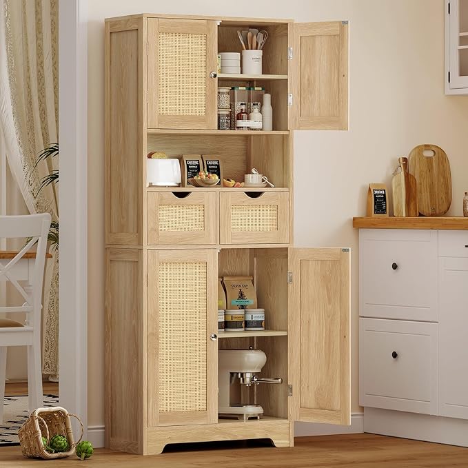 Iwell Tall Storage Cabinet with 2 Drawers & Adjustable Shelves, Rattan Cabinet, Kitchen Storage Cabinet, Pantry Cabinet with 4 Doors, Tall Cabinet for Living Room, Kitchen, Home Office, Natural