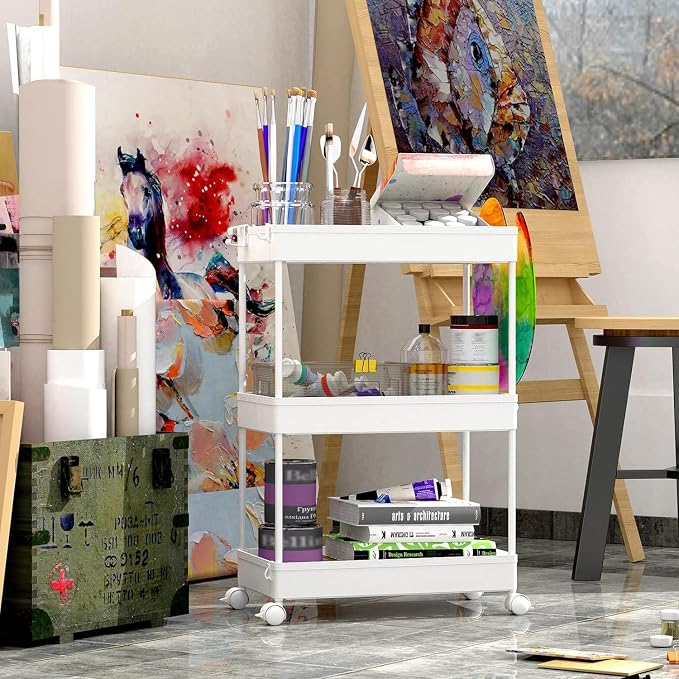 SPACEKEEPER Storage Rolling Cart, 3 Tier Laundry Room Organization Utility Cart Bathroom Organizer Mobile Shelving Unit Shelves Multi-Functional Trolley, White