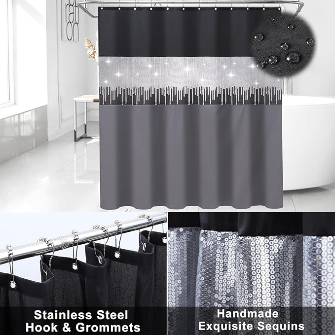 Bathroom Accessory Set – Bathroom Set with Glitter Shower Curtain, Towel Set,24 Piece Grey Shower Curtain, Bathroom Accessories Set with Shower Curtain Set for Home Decor