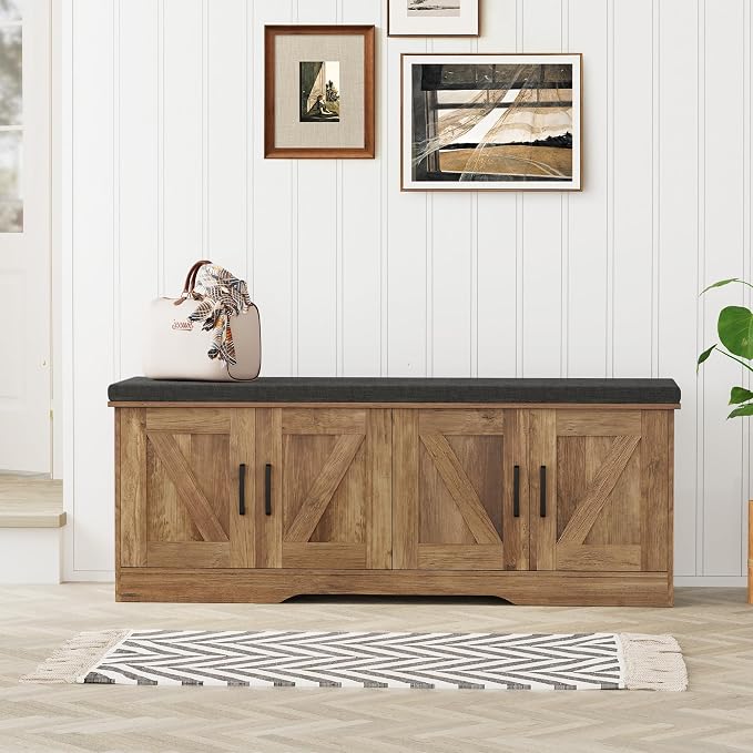 HOMSHO 2-Tier Storage Bench, 47.2" Wide Shoe Bench with Padded Seat Cushion, Entryway Bench with 4 Barn Doors and Adjustable Shelf, Rustic Walnut