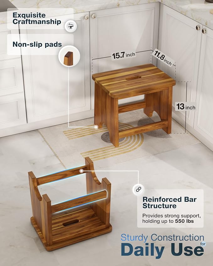 FANATU Wooden Step Stool, 13'' Non-Slip Heavy Duty Stepping Stool for Adults with Handle, Nonslip & Durable Design Supports up to 500lbs for Bedroom or Kitchen