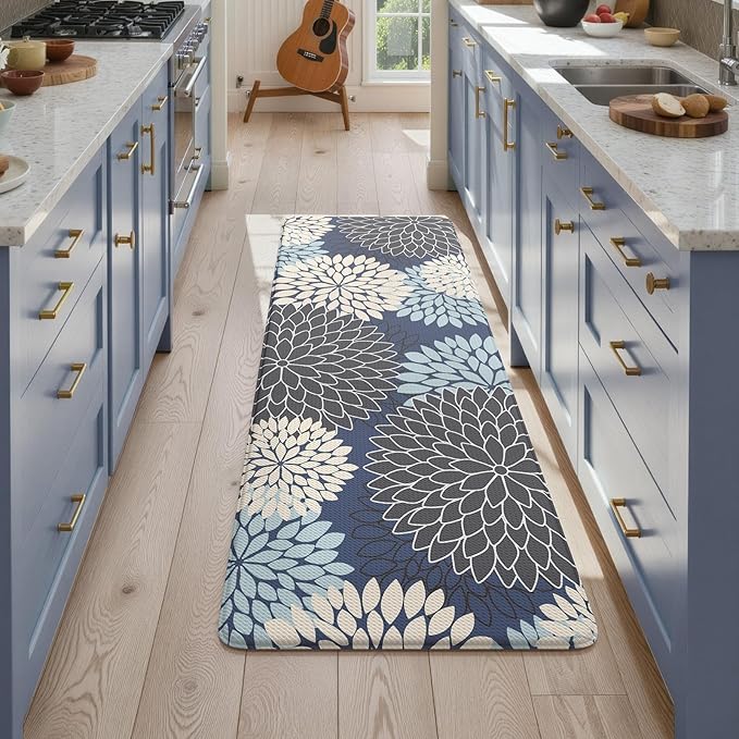 KIMODE Anti Fatigue Kitchen Mats for Floor, Boho Dahlia Floral Kitchen Rugs 24" x 59", Cushioned Mats for Kitchen Floor, Non Slip Kitchen Floor Mats, Sink, Laundry, Office,Blue Multi