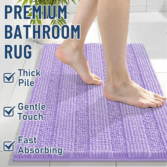Grandaily Chenille Striped Bathroom Rugs 47x24, Extra Thick and Soft Absorbent Bath Mats, Rubber Backing, Plush Shaggy Shower Carpet, Machine Wash Dry, Bath Rug for Bathroom, Light Purple