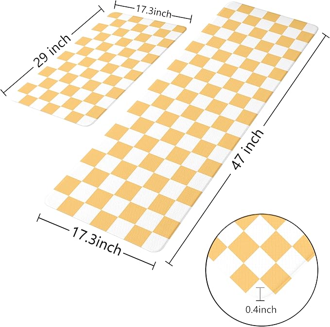 Yellow Checkered Grid Checkerboard Kitchen Rug Sets [2 PCs], Anti-Fatigue, Waterproof Non-Slip Kitchen Mats Heavy Duty Comfort Foam Rug for Kitchen, Floor, Laundry,17"x29"+17"x47"