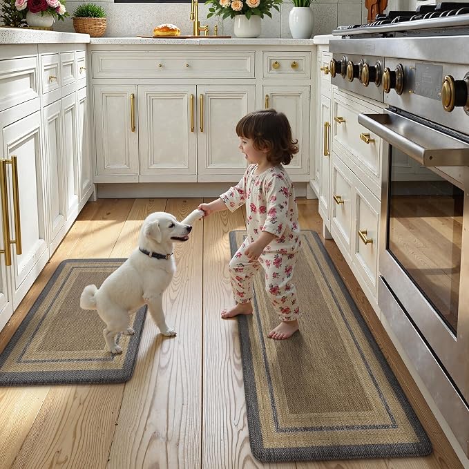KIMODE Anti Fatigue Kitchen Mats 17"x47"+17"x29", Farmhouse Kitchen Rugs Sets of 2, Non Slip Kitchen Mats for Floor, Cushioned Comfort Standing Mats for Home Deocr Sink Laundry Office Desk Grey/Brown