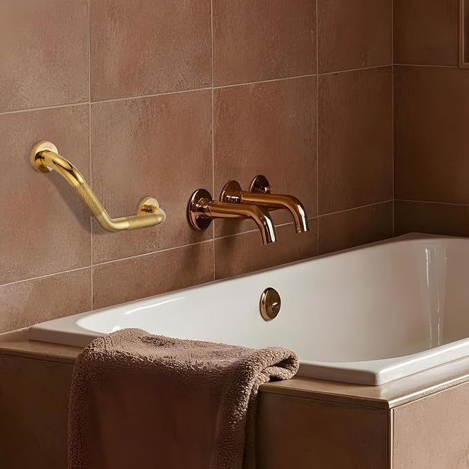 Grab Bars for Bathtubs and Showers- 1-1/4 x 16 Angled Shower Grab Bar for Seniors Knurled Stainless Steel Handicap Grab Bars for Wall (Gold, 2 Pack)