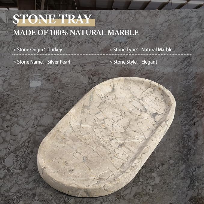 Koville Natural Silver Pearl Marble Decorative Tray, 10" x 5" Marble Vanity Tray for Bathroom Countertop Organizer Stone Trays, Catchall Tray Stone Plate for Perfume, Candles, Jewelry