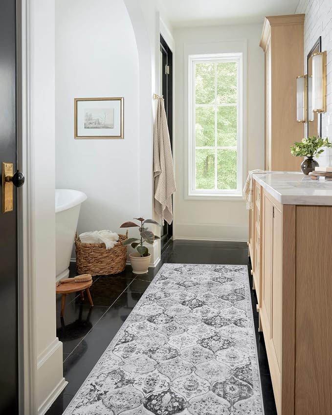 Lahome Moroccan Trellis Washable Runner Rug, 2x6 Kitchen Runners for Hallways 6 Feet Non Slip, Vintage Laundry Room Rug Ultra-Thin Carpet for Bathroom Bedroom Entryway Elise, Silver/Grey