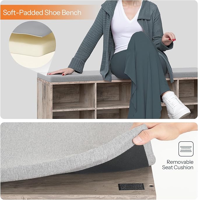 HOOBRO Shoe Storage Bench with Cushion, 39.4" L Entryway Bench with 12 Cubbies, Entryway Hall Tree with Storage, Shoe Cabinet with Coat Rack for Bedroom, Hallway, Holds up to 330 lb, Gray GY112HX01