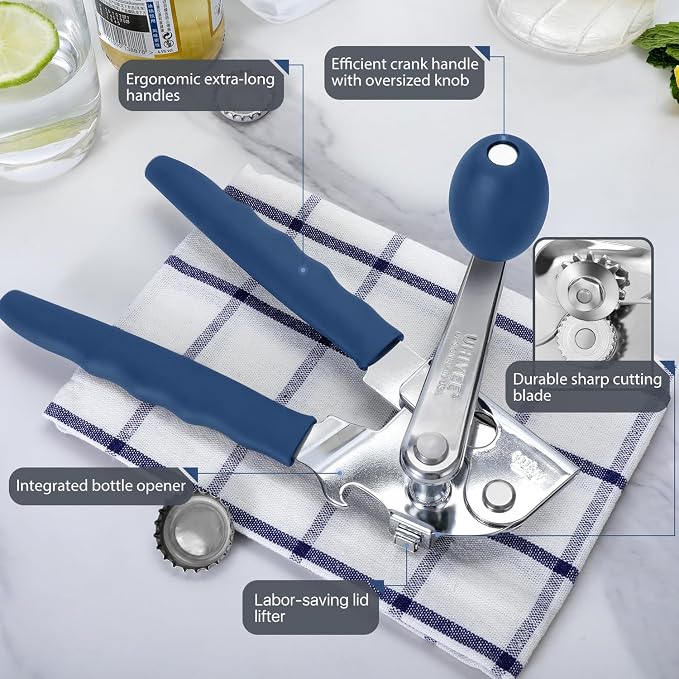 Commercial Can Opener, UHIYEE Hand Crank Can Opener Manual Heavy Duty with Comfortable Extra-long Handles, Oversized Knob, Large Handheld Can Open Easy for Big Cans, Blue