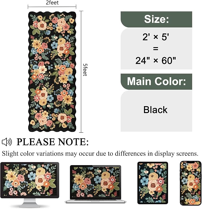 DUKINO 2x5 Washable Runner Rugs, Non Slip Floral Print Entryway Rug with Soft Low Pile, Lightweight Mat for Living Room, Bathroom, Bedroom, Kitchen, Black