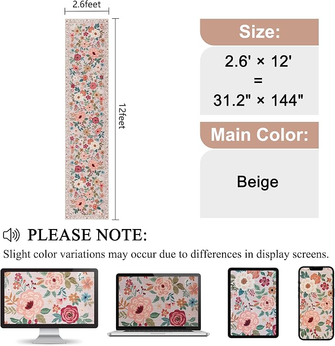 DUKINO 2.6x12 Kitchen Runner Rug, Lightweight Floral Washable Rug for Hallway, Boho Low Pile & Non Slip Backing Soft Floor Carpet for Entryway, Bedroom, Bathroom, Laundry, Beige
