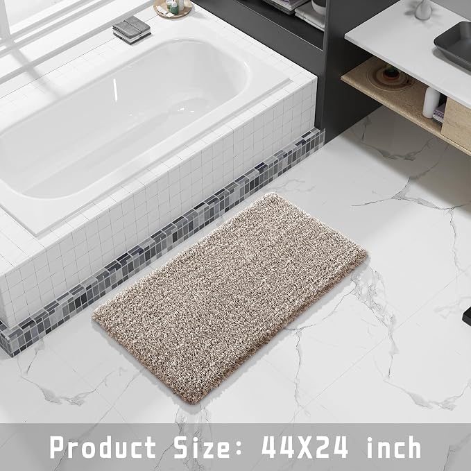 Yimobra Fluffy Plush Bath Rug, Shaggy Soft Comfortable Non Slip, Water Absorbent Microfiber Bath Mat, Dry Quick, Machine Washable Thick Bathroom Floor Rugs for Shower, 44" X 24", Light Brown and White