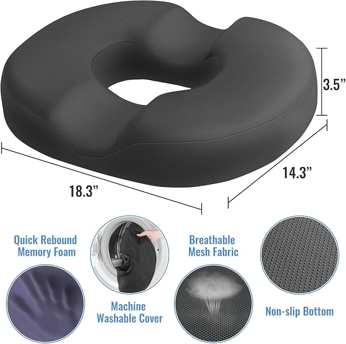 CloudBliss Donut Pillow Stadium Seat Cushion for Tailbone Pain Relief and Hemorrhoids, Memory Foam Seat Chair Cushion, Portable Seat Cushions for Bleachers, Car, Home & Office