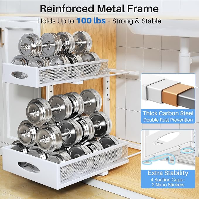 Under Sink Organizer, 2 Pack 2 Tier Pull Out Under Cabinet Organizer Shelf with Pad for Framed Cabinets, Metal Slide Out Under Sink Storage, Mesh Sliding Drawers for Kitchen Bathroom Laundry, White