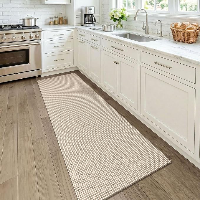 KOZYFLY Runners for Hallways 2x7 ft Washable Kitchen Runner Non Slip Rubber Backed Hall Runners Cotton Entryway Runner Rugs for Indoor Backdoor Bedroom Kitchen, Ivory/Camel/Brown
