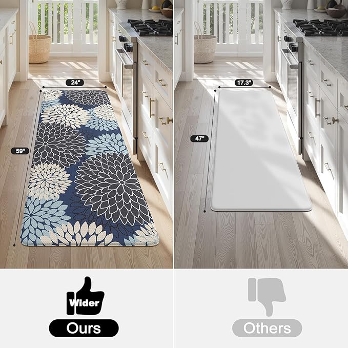 KIMODE Anti Fatigue Kitchen Mats for Floor, Boho Dahlia Floral Kitchen Rugs 24" x 59", Cushioned Mats for Kitchen Floor, Non Slip Kitchen Floor Mats, Sink, Laundry, Office,Blue Multi