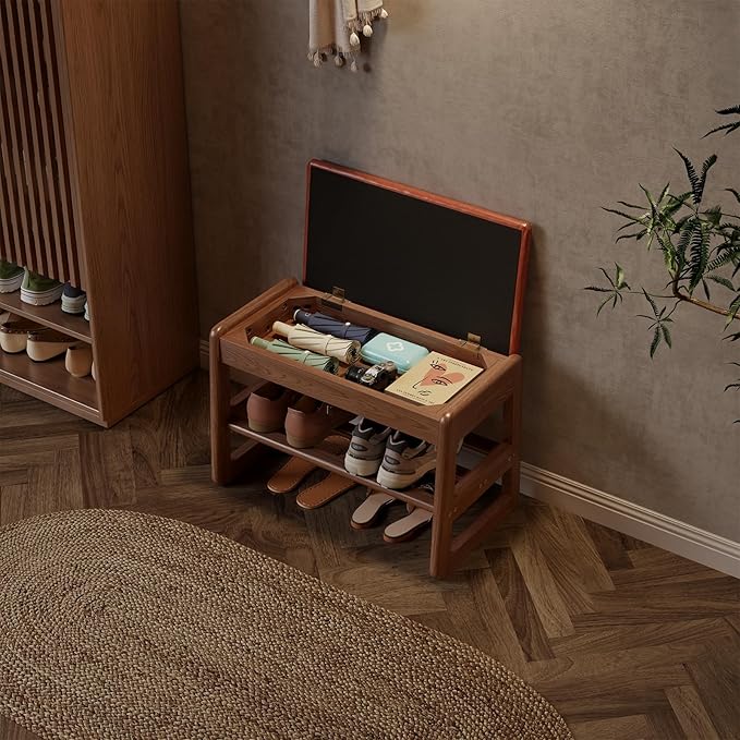 AQIMUELE Shoe Rack Bench,2 Tiers Shoe Bench with Storage with Flip-Top,Wood Shoe Rack for Entryway,Hallway（Orange Upholstered Seat,11.8" D x 23.62" W x 15.7" H）