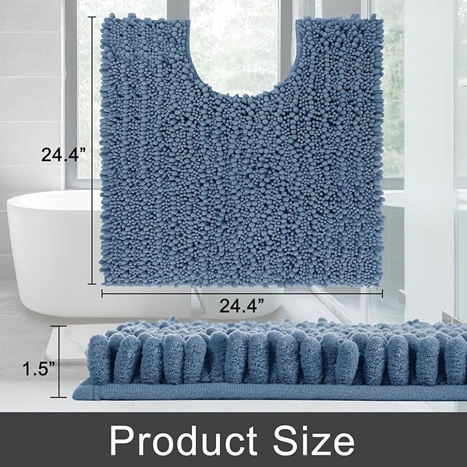 Yimobra Toilet Rug U Shaped Washable 24x24 Inch - Ultra Soft Absorbent Chenille Bath Rugs for Toilet, Quick Dry & Machine Washable, Non Slip Contour Bathroom Mat, Denim Blue