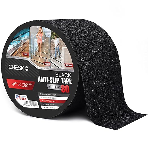 Chesk Grip Tape for Stairs – 4in x 30ft Black Anti-Slip Stair Strips – Adhesive Stair Treads Non-Slip Indoor and Outdoor – Heavy-Duty Grip Tape for Skateboard, Shower, Floor, Steps
