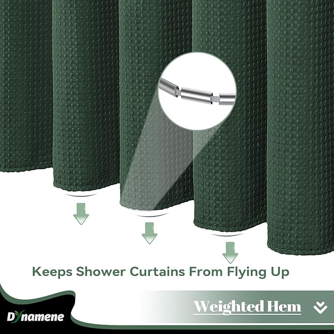 Dynamene Stall Fabric Shower Curtain - 48 inch Wide Waffle Weave Weighted Thick Cloth Shower Curtains for Bathroom, Neutral Heavy Duty Hotel Spa Luxury Bath Curtain Set with 8 Hook, 48x72, Dark Green