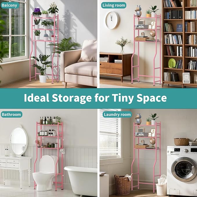 3-Tier Over The Toilet Storage Organizer, Space-Saving Bathroom Rack with Paper Holder & 4 Hooks, 64" Tall Freestanding Carbon Steel Shelf for Small Apartment Laundry Room (Pink)