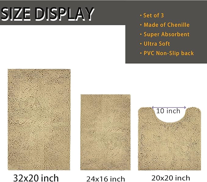 RUN HELIX Beige Bathroom Rugs Ultra Soft Rugs and Mats Set 3 Pieces Bath Rug Set Thick Chenille Bath Rugs Non Slip Bath Mats for Bedroom