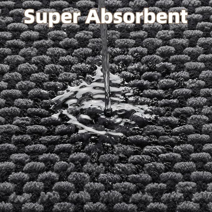 PADOOR-Bath Mat-Super Absorbent Chenille Bathroom Mats-Rubber Backed Bath Mats for Bathroom Non Slip, Easy Clean Bathroom Rugs Front of Bathtub,Shower Room,Sink-17×28, Darkgrey&Black