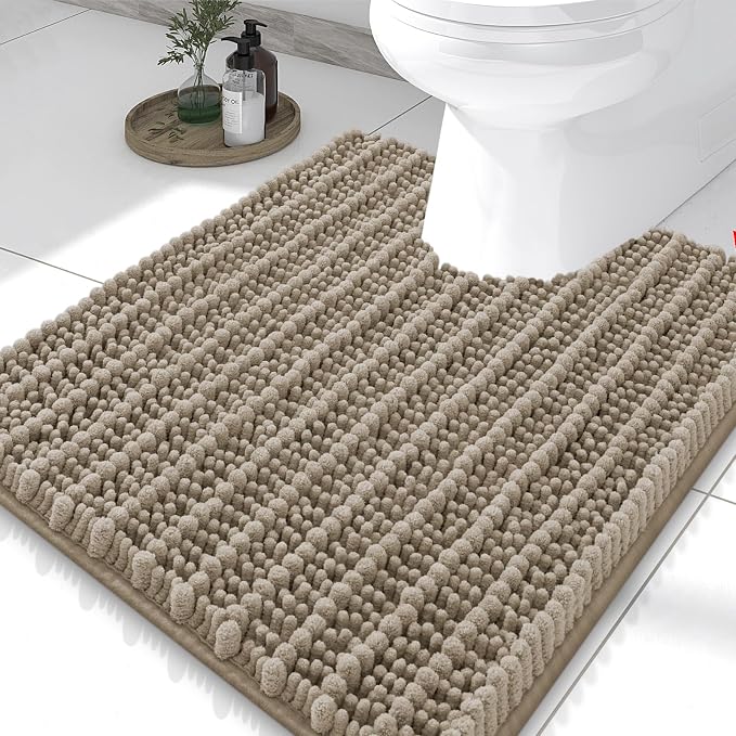 Smiry Bathroom Toilet Rugs U Shaped 24x20, Extra Soft Absorbent Non Slip Rubber Backing Chenille Contour Bath Rugs for Toilet, Machine Washable Contoured Bath Mats, Latte