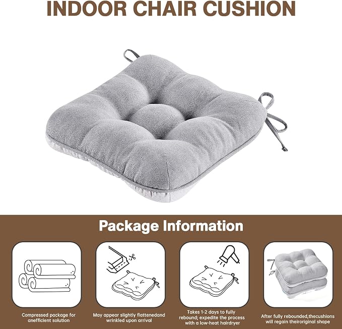BETU Chair Cushions for Dining Chairs Set of 6,3.5" Thick Kitchen Table Chair Pads with Ties,Non Slip Backing and Covers, Seat Cushion for Dining Room,Bar,Patio Chairs,15.5"X15.5"X3.5",Light Grey