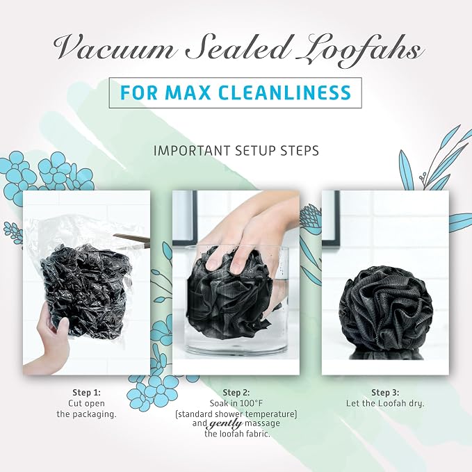 Spongentle Shower Loofah Bath Sponge, Body Scrubber with Soft Mesh, Exfoliating Bath Pouf with Activated Charcoal, Bath Sponge for Women & Men, Bath Accessories for Scrubber Cleaning Tool, 60g 4 Pack