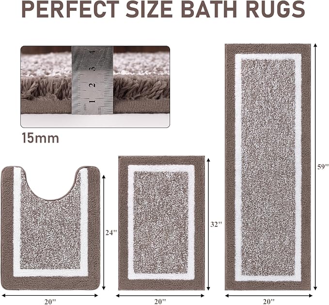 Pauwer Bathroom Rug Mat Set 3 Piece, Microfiber Shaggy Bath Set, Non-Slip Ultra Soft Carpet Mats, Absorbent with U-Shaped Toilet for Bathroom, Tub, Shower, Coffee