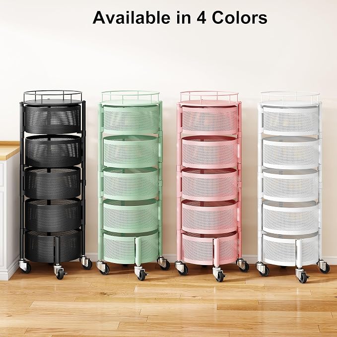SAYZH Fruit Vegetable Basket for Kitchen, Rotating Storage Rack, 5 Tier Rolling Cart with top lid, Large Metal Wire Wheels, Pink