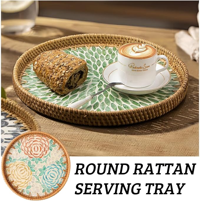 Round Rattan Tray with Mother of Pearl Inlay, Decorative Wicker Serving Tray with Wooden Base, Woven Basket Trays for Bread Fruits Coffee, Peony