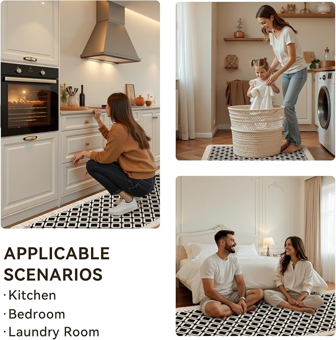 Black Vintage Geometric Elegance Grid Kitchen Rug Sets [2 PCs], Anti-Fatigue, Waterproof Non-Slip Kitchen Mats Heavy Duty Comfort Foam Rug for Kitchen, Floor, Laundry,17"x29"+17"x47"