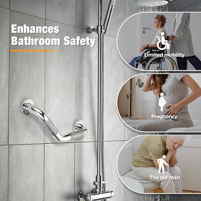 Grab Bars for Bathtubs and Showers- 1-1/4 x 16 Angled Shower Grab Bar for Seniors Knurled Stainless Steel Handicap Grab Bars for Wall (Polished Nickel, 2 Pack)