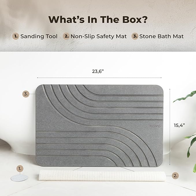 TOSORO - Stone Bath Mat Diatomaceous Earth Shower Mat Non-Slip Super Absorbent Diatomite Stone Bath Mats for Bathroom Floor Quick Drying Natural Easy to Clean (23.5 x 15) - Graphite
