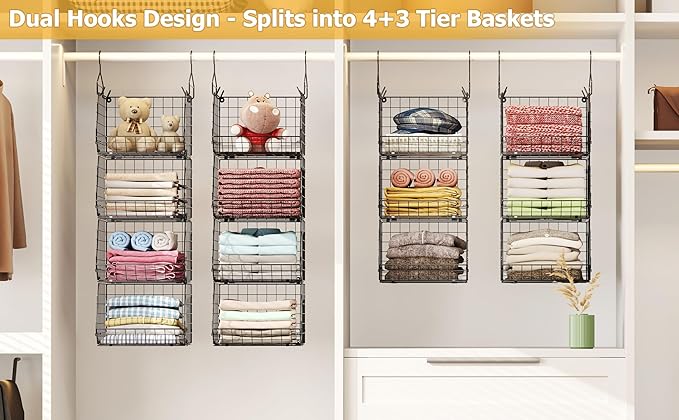 X-cosrack 7 Tier Foldable Hanging Closet Organizer and Storage,Wire Closet Shelving with 4 Large Hooks+ 5 S Hooks,Hanging Basket for Clothes Sweaters Shoes Handbags,Small Closet Organizers