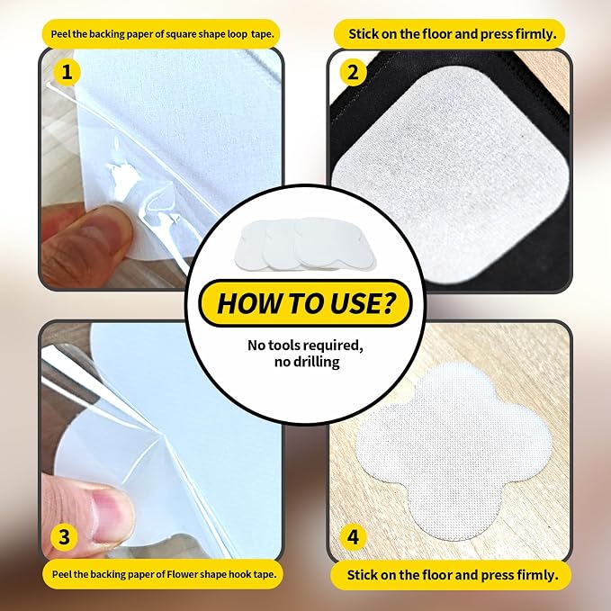 PHIXBEAR 16 Sets Super Adhesive Carpet Pad Gripper, Heavy Duty Hook and Loop Strips Rug Tape for Hardwood Floors Tile, Rug Corners to Hold Rug Down, Keep Area Rugs Safe and in Place