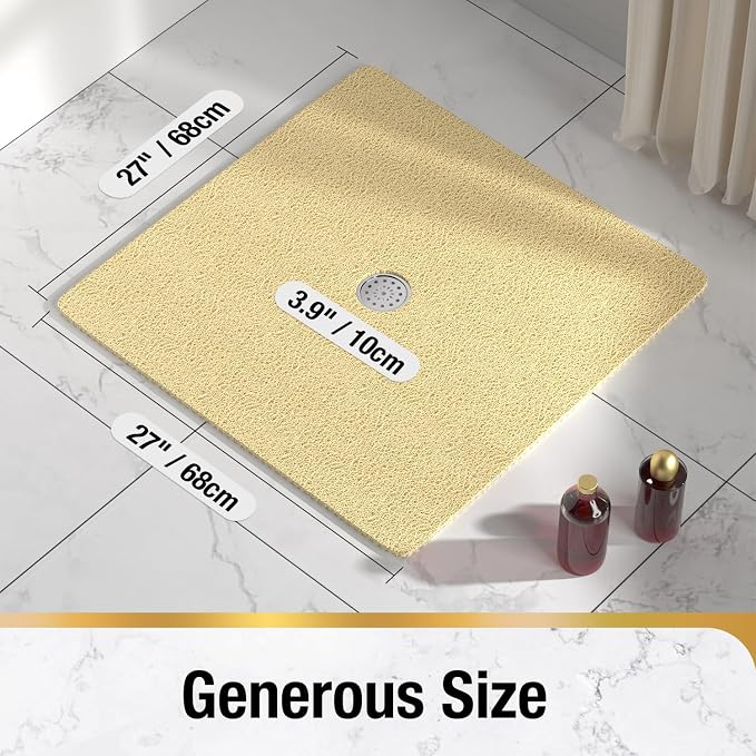 HITSLAM Square Shower Mat, 27 x 27 Inch Non Slip Bath Mat for Tub, Soft PVC Loofah Bathtub Mats with Drain Holes, Quick Drying Bathroom Stall Floor Mat, Bathroom Accessories Without Suction Cup, Beige