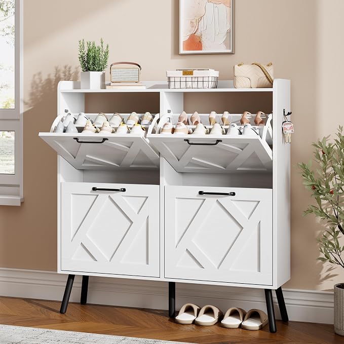 Nicetree Shoe Cabinet with 4 Flip Drawers, Freestanding Shoe Organizer Cabinet with Metal Legs, Farmhouse Slim Shoe Rack Cabinet for Entryway, Foyer, Hallway, White