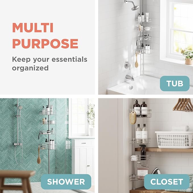 Zenna Home Tension Pole Shower Caddy Corner Organizer, Adjustable Standing Shower Caddy with 4 L-shaped Baskets and Hooks, Rust Resistant Bathroom Tension Rod Organizer, 60 to 97 Inch, Satin Nickel