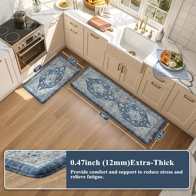 Collive Boho Kitchen Rugs Set of 2 Non Skid Kitchen Mats for Floor Cushioned Anti Fatigue Kitchen Floor Mats Waterproof Comfort Heavy Duty Foam Mats for Standing Desk Sink Laundry, 17.3"x29"+17.3"x59"