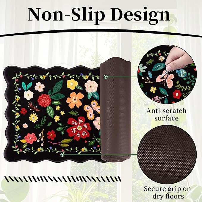 Kitchen Rugs Set of 3, Black Vintage Floral Scalloped Anti Fatigue Mats, Cushioned Non Slip PVC Floor Rugs, Comfort Standing Kitchen Floor Mats for Sink Laundry Office Home, 18x30, 18x48,18x60 Inch