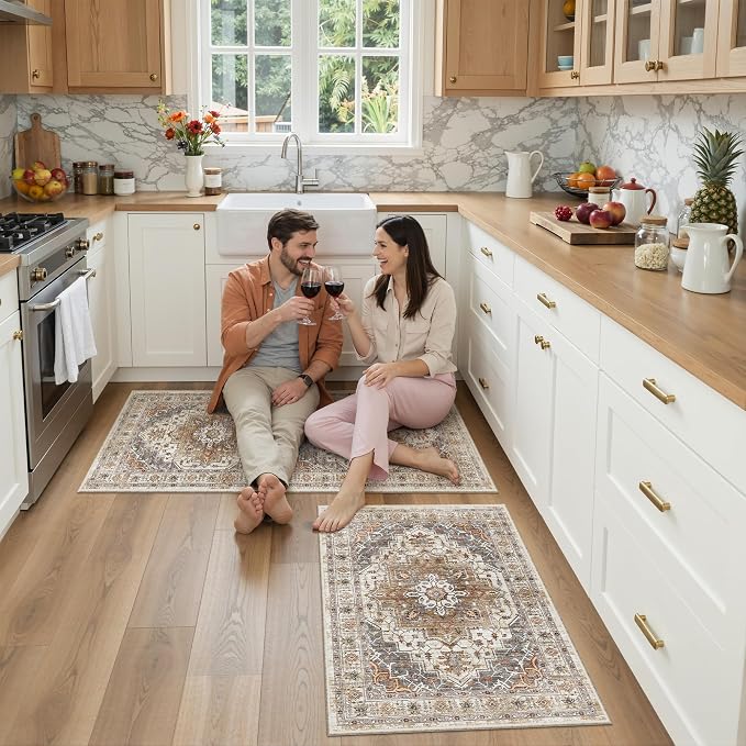 Madane 2-Piece Kitchen Runner Rug Set, Small Area Rug Non-Slip Vintage Door Mat Indoor Entrance, Low Pile Floor Carpet for Inside Front Door Bedroom Entryway Entry Laundry (2x3+2x4, Turmeric/Grey)